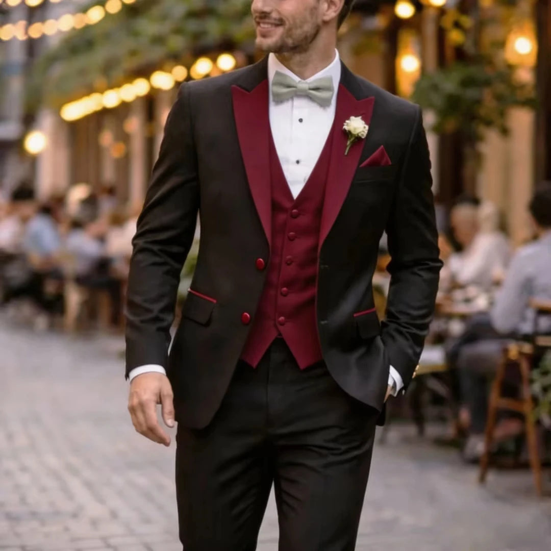 Voguable  Men Suit Black Ivory 3 Pieces Single Button With Lapel For Wedding Birthday Banquet Party Business Work Office Jacket Vest Pant voguable