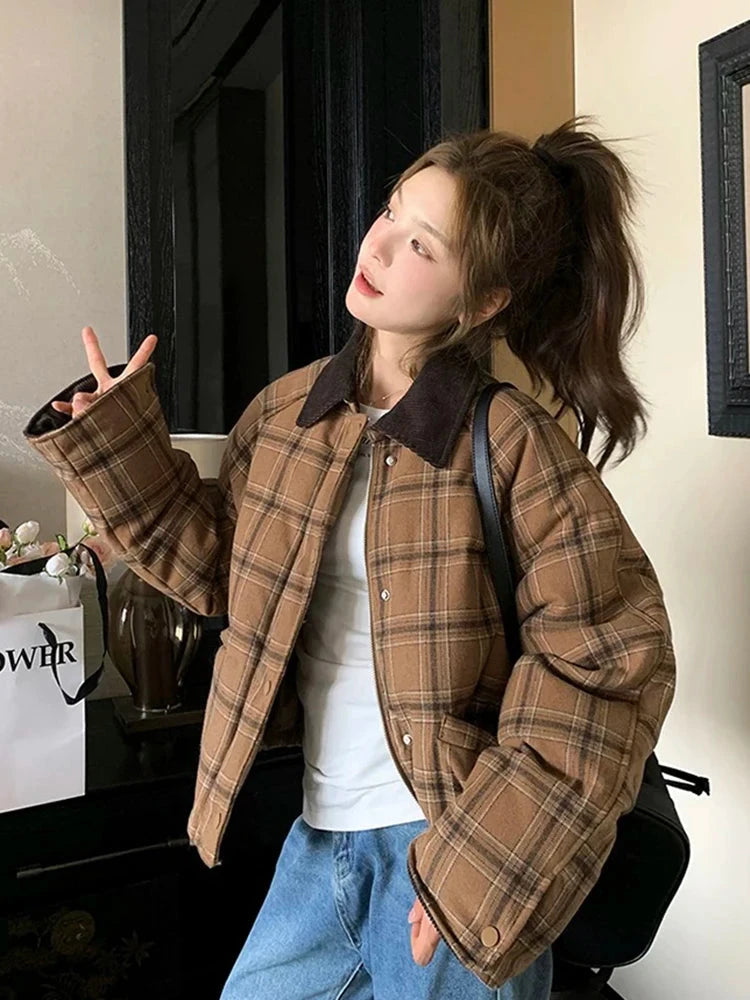 Warm Vintage Plaid Parkas Women Loose Long Sleeve Winter Thick Cotton Coat Korean Casual Pockets Cute Sweet Jacket Tops New voguable