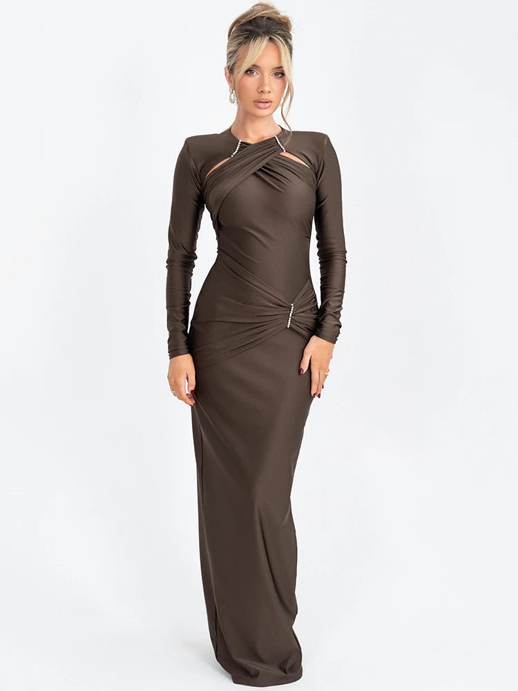 Hollow Out Long Sleeve Sexy Maxi Dress For Women Gown Fashion Solid Bodycon Ruched Club Evening Elegant Long Dress voguable