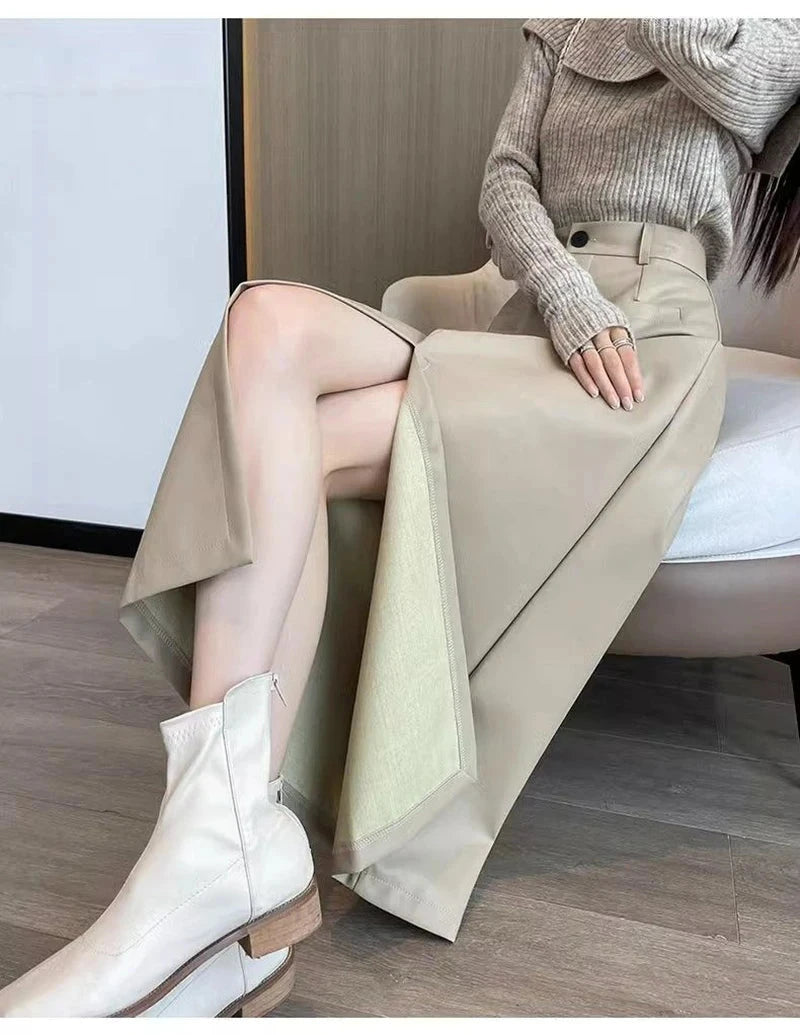 Sexy Slit Pu Long Skirt Women High Waist Slim Vintage Skirts Casual Fall Winter Lady Solid Retro American Streetwear Long Skirt voguable
