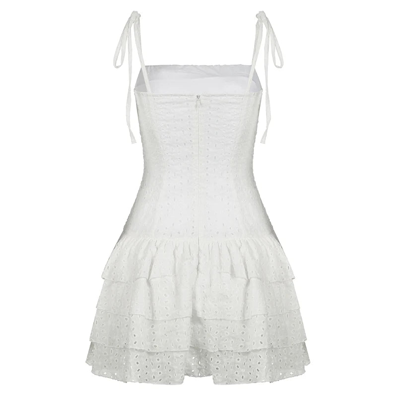 Voguable French Jacquard A-line Tiered Mini Dress Women Coquette Chic Ruffle Spaghetti Straps Layered Sundress Holiday Party voguable