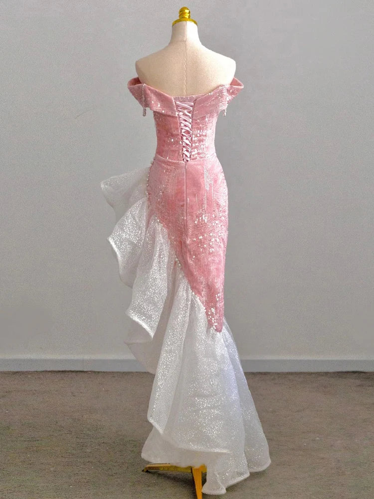 Voguable Host Evening Dress Luxury Dress Party Sexy Skirt Bare Chest And Sleeveless Dress Party Bridal Toast Dress Pink Glitter Skirt voguable