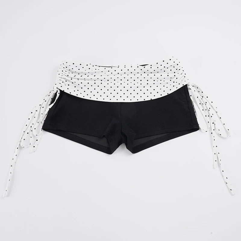 Voguable  New Fashion Polka Dot High Waist Folds Lace Up Drawstring Shorts Contrasting Colors Casual Biker Sporty Hot Sexy Femme Pants voguable