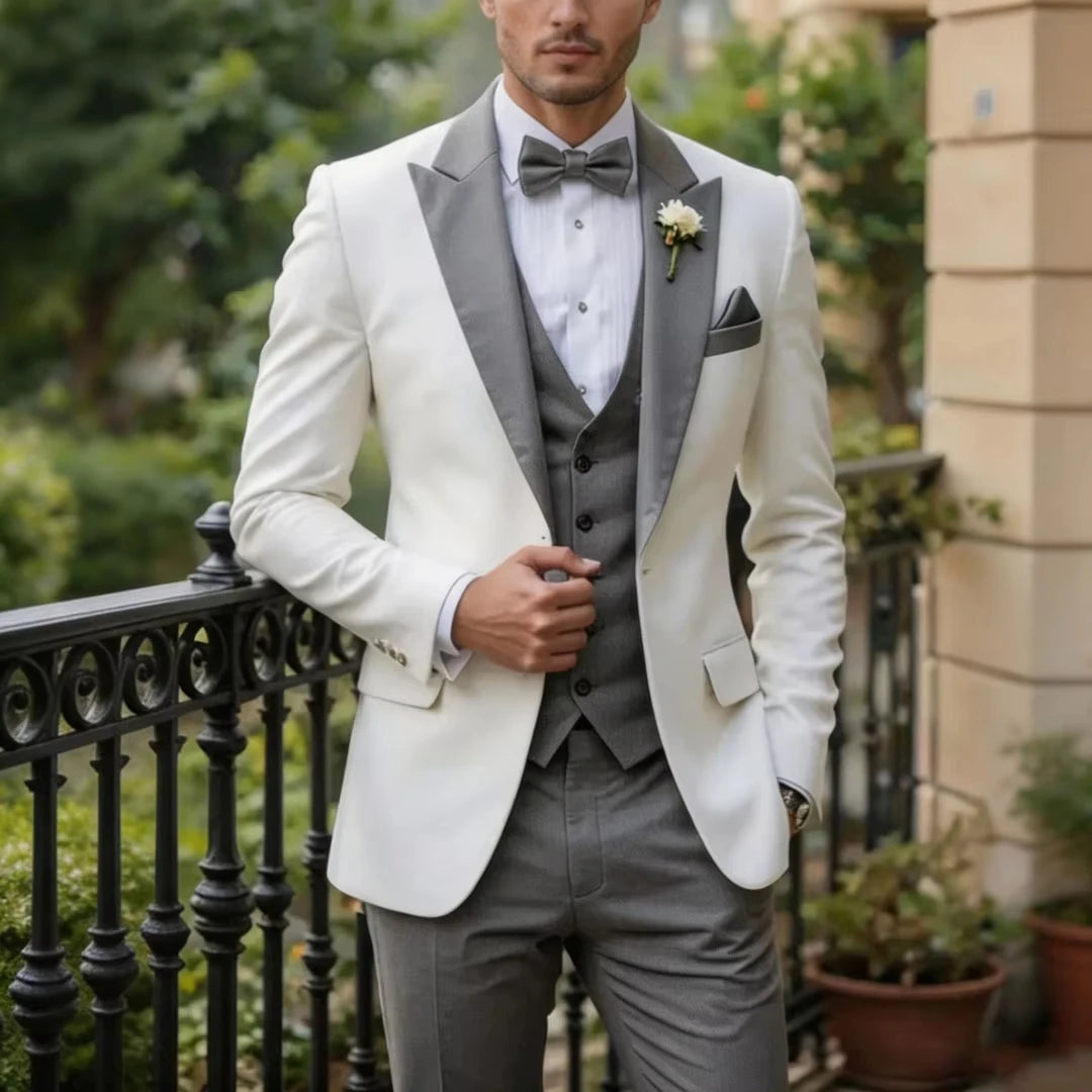 Voguable  Men Suit White 3 Pieces Single Button With Lapel For Wedding Birthday Banquet Party Business Work Office Jacket Vest Pant voguable