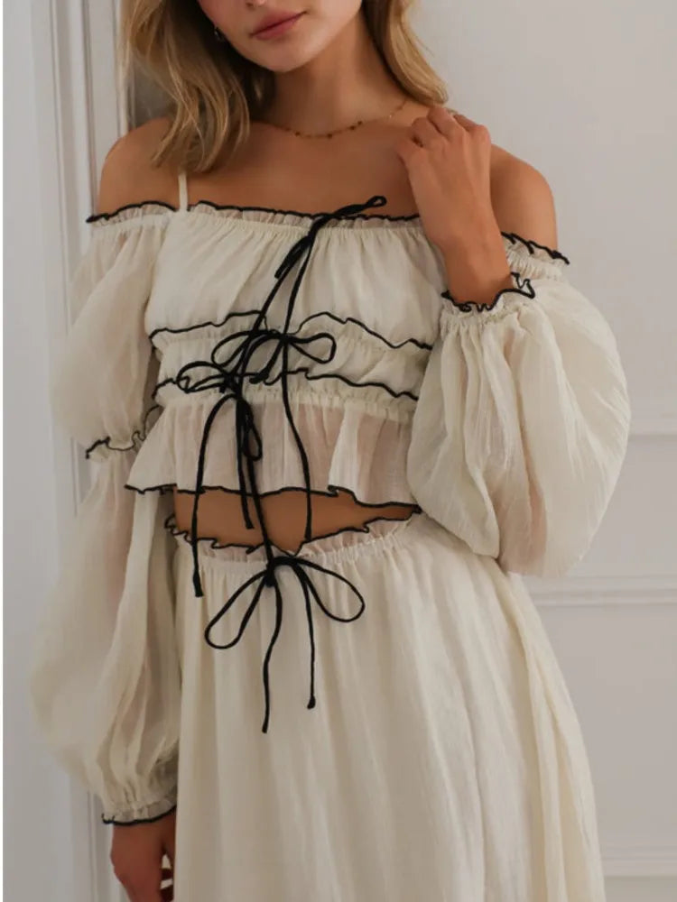 Lantern Sleeve Chiffon Top And A-line Long Skirt Vacation Women Sets 2025 Spring Summer New Ruffle Tee Skirt Summer 2 Piece Set voguable