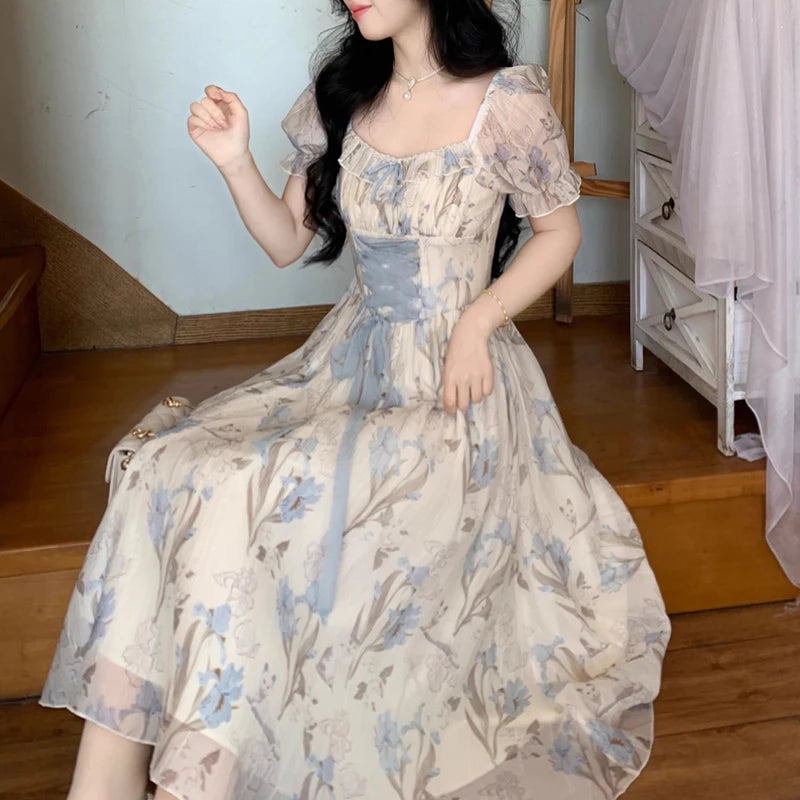 Voguable  Women Ruffles Casual Korean Fairy Dress Female Summer Lace-up Vacation Party Dress Elegant Vintage Floral Midi Dress voguable
