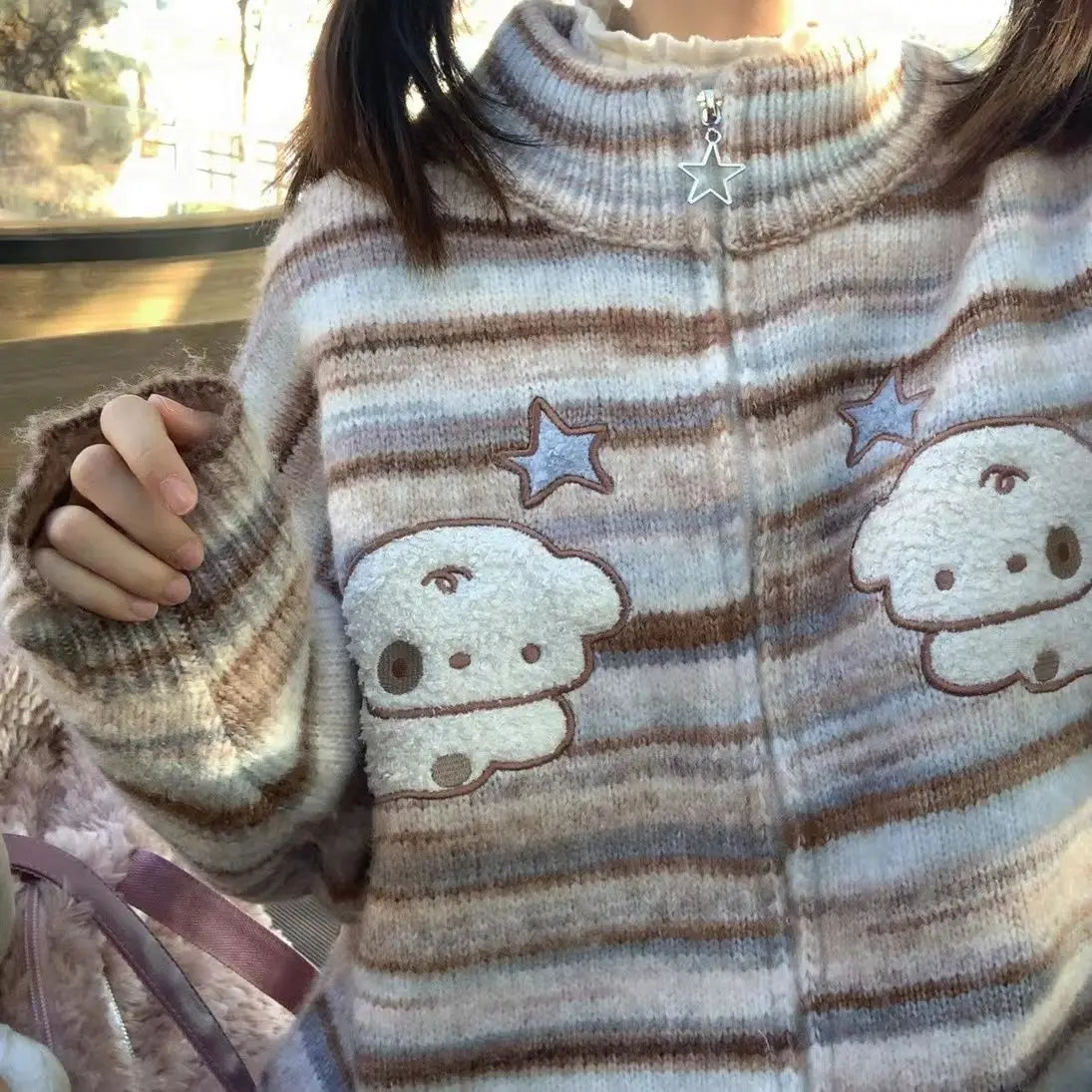 Y2k Aesthetic Japanese Knit Cardigan Kawaii Dog Embroidery Harajuku  Femme Striped Preppy Autumn Zipper y Womens voguable