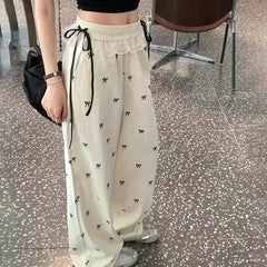 Fashion Lace Patchwork Women Casual Pants Summer Loose Preppy Bow Print Jogging Pants High Waist All Match Straight Trousers voguable