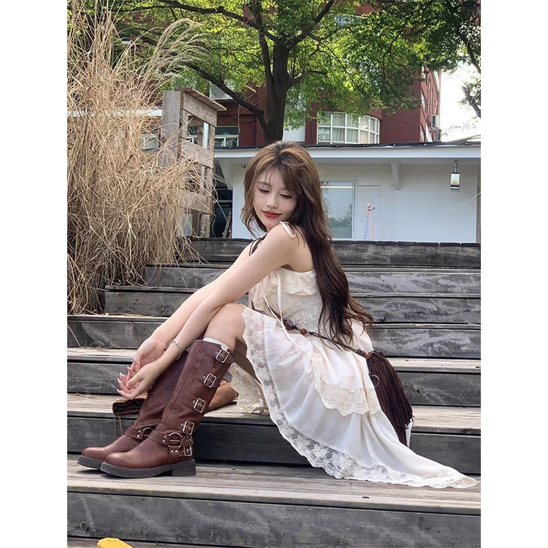 Voguable Y2K 2000S Irregular Midi Dress Women Fairy Lace Patchwork Strap One Pieces Dresses Summer Vacation Korean Bodycon Vestidos voguable