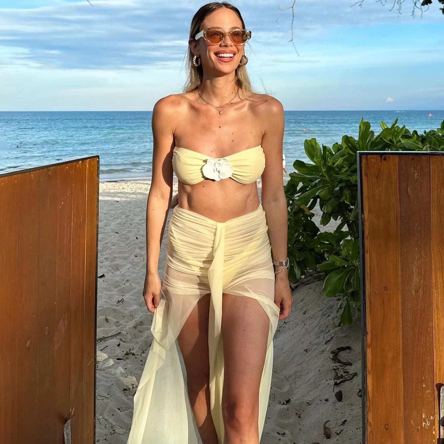 3Pcs Sexy Bikini Set Women Swimsuit 2025 Swimwear Female Yellow Bandeau Biquini Mesh Skirt Bathing Suit Summer Beach Outfits voguable