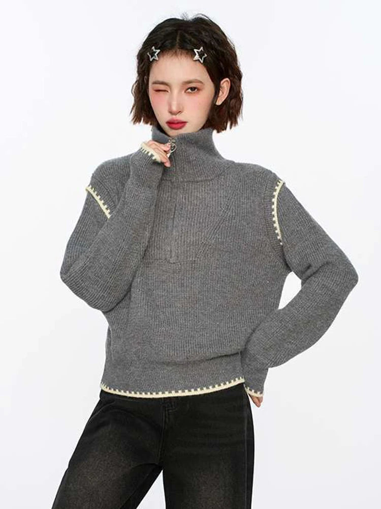 Streetwear Retro Gray Sweaters Women Loose Harajuku Long Sleeve Knitted Pullover Y2K American Turtleneck Vintage Jumper New voguable