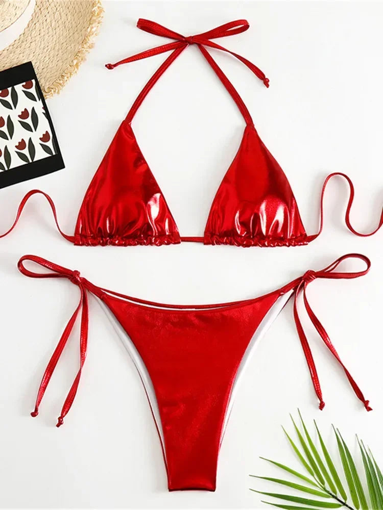 Voguable Sexy Brozing Gold Bikinis Sets Women Push Up Micro Bikini Swimsuit 2024 Brazilian Beach Bathing Suit Tie Side Triangle Swimwear voguable
