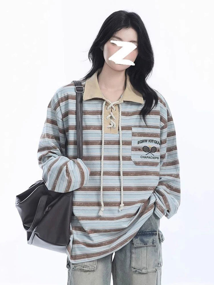 Retro Preppy Style Striped T Shirt Women Loose Long Sleeve American Retro Tees Fall New Letter Embroidery Lace Up Patchwork Tops voguable