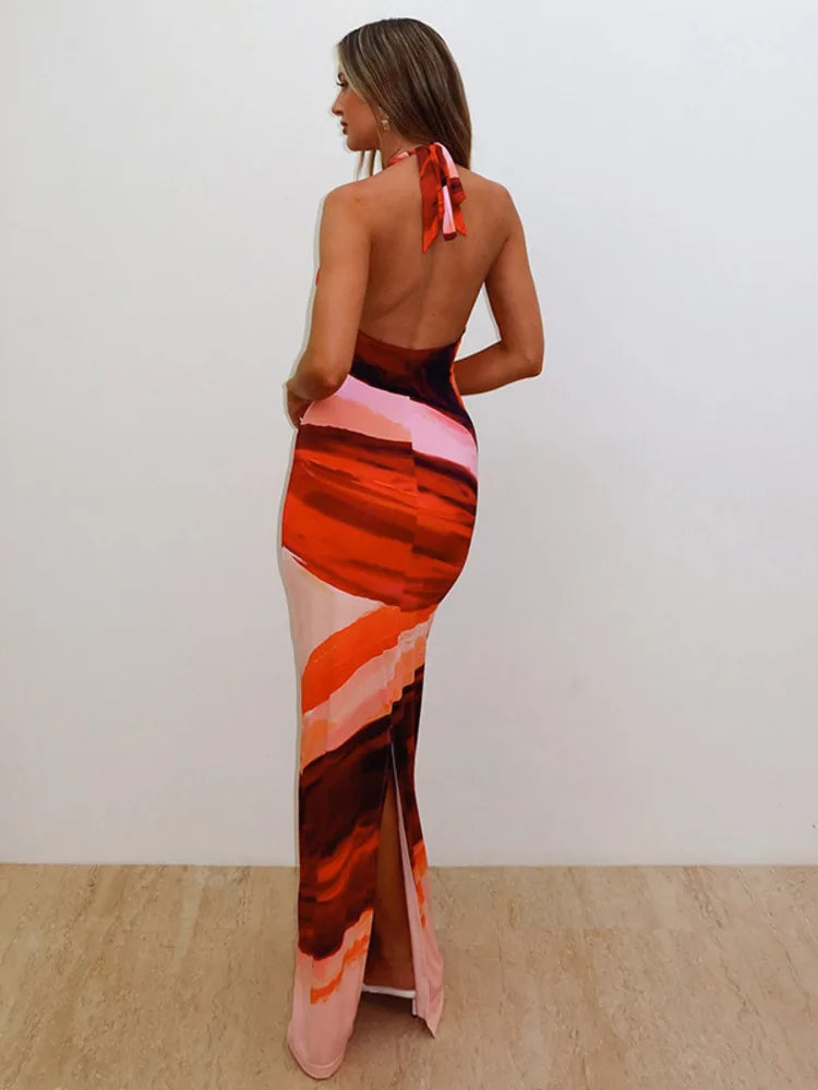 Halter Deep V Neck Print Sexy Maxi Dress For Women Fashion Lace-up Sleeveless Backless Bodycon Printed Long Dress voguable
