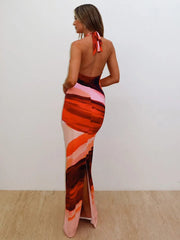 Halter Deep V Neck Print Sexy Maxi Dress For Women Fashion Lace-up Sleeveless Backless Bodycon Printed Long Dress voguable