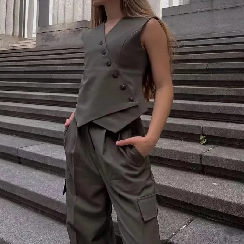 Voguable  CHIC Women Amry green Asymmetric Diagonal Buttons Waistcoat V neck Vest Sleeveless Jacket Coat voguable