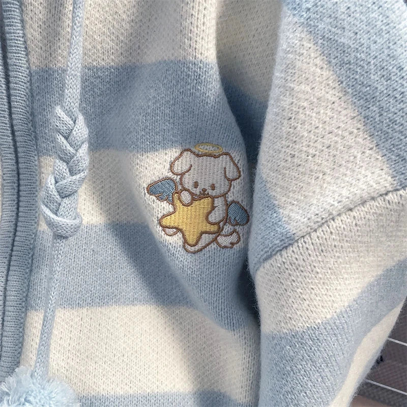 Cartoon Striped Hooded Cardigan Women Loose Cute Long Sleeve Sweet Knitted Sweater Preppy Style Female Kawaii Vintage Tops voguable