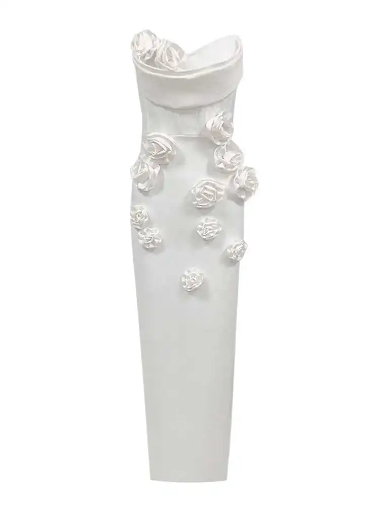 Solid 3D Flowers Spliced Design Dresses Women's Strapless Sleeveless High Waist Slim Elegant Dress Autumn 2025 New voguable