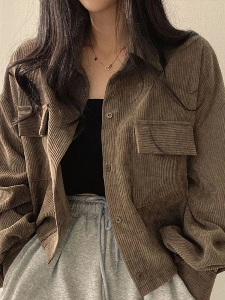 Vintage Corduroy Cropped Jacket Women Korean Fashion Long Sleeve Drawstring Blouses Female Casual Loose Single Breasted Coats voguable