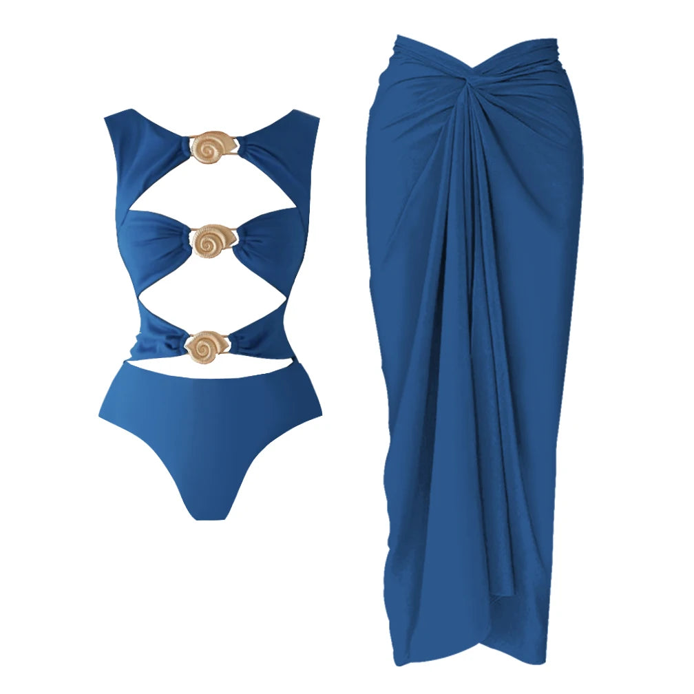 2Pieces Hollow Swimsuit With Long Skirt Women Sexy Swimwear Female Bikini Shiny Button Swim Suit White Bodysuit Beachwear Outfit voguable