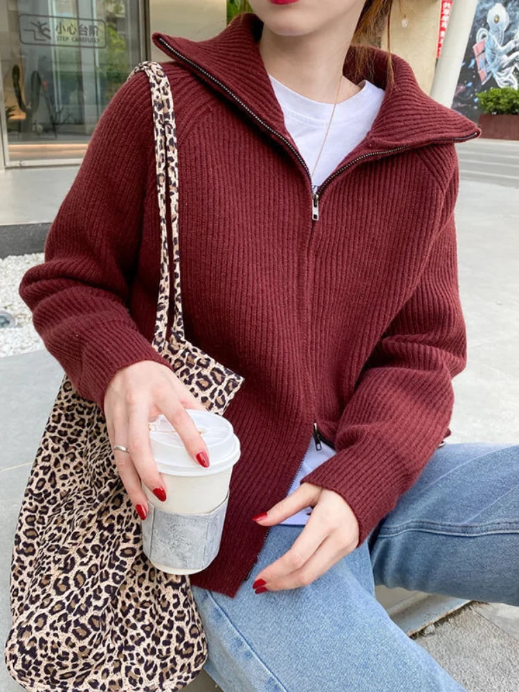 Voguable  Casual Knitted Cardigan Sweaters Women Autumn Vintage Zip-up Solid Loose Long Sleeve Tops Knitwear Chic Kpop voguable