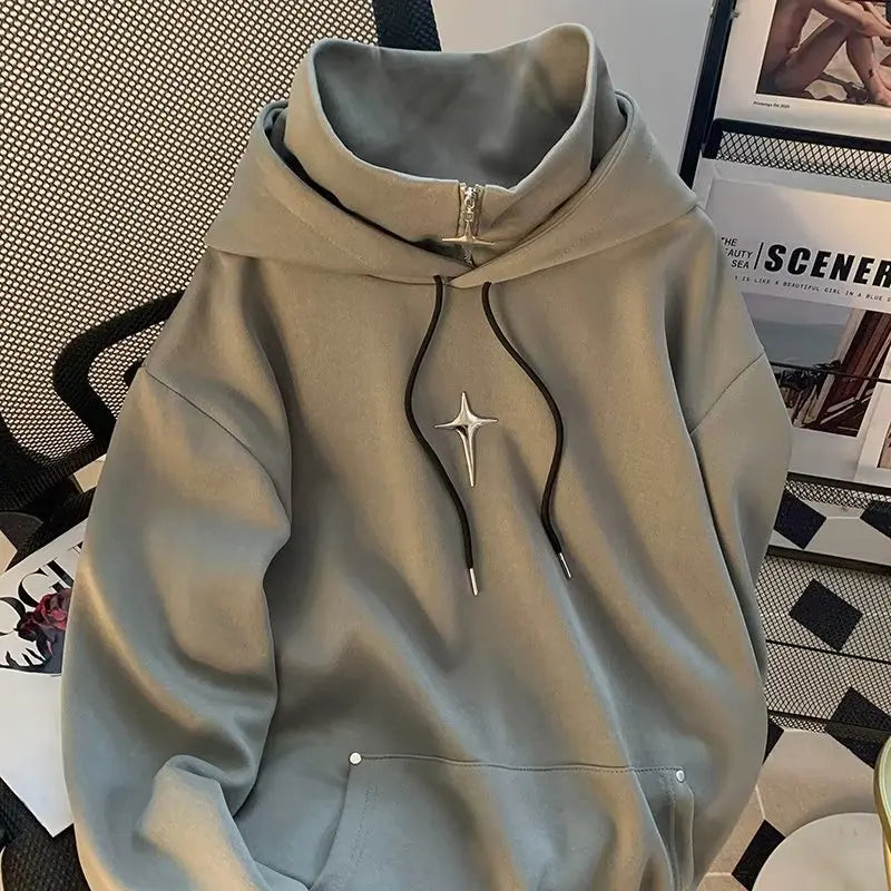 Voguable  Autumn Winter High Neck Hoodie Men Casual Trendy Sporty Japanese Retro Cool Teenage Fashionable Jacket Loose Fit Hooded voguable