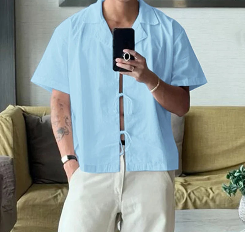 Men Shirt Solid Lapel Short Sleeve Button Hollow Out Male Tops Shirts Summer Loose 2025 Fashion Men Clothing Streetwear voguable