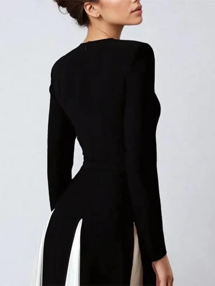 Elegant Black White Patchwork Maxi Dresses Women Fashion O-neck Long Sleeves Slim Dress New Female Evening Party Robes voguable