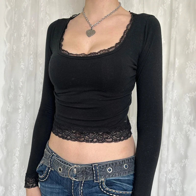 Voguable Casual Basic Square Collar Cropped Top Black Coquette Style Lace Patchwork Slim-fitting Long Sleeve T-shirts Autumn Tee voguable