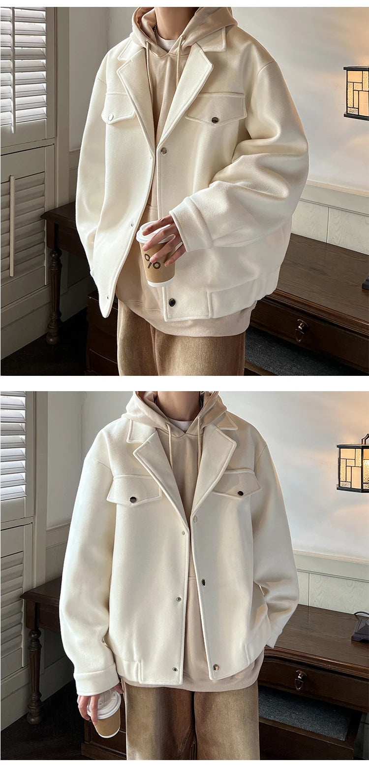 Winter Short Woolen Coat Men Warm Fashion Casual Thick Woolen Jacket Men Korean Loose Thicken Woolen Coat Mens Black Overcoat voguable