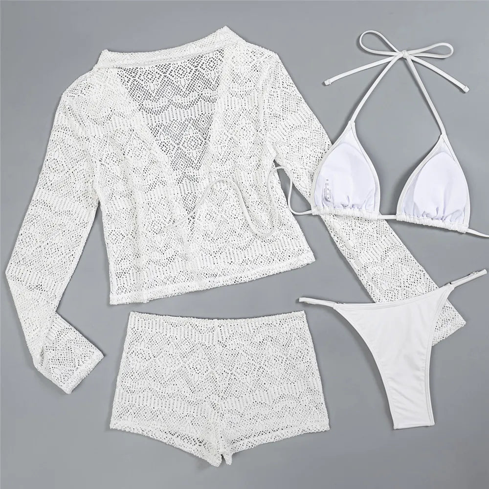 Voguable  Solid White Hollow Lace Swimwears 4 Piece Bikinis Sets Shorts Coats Micro Thong Sexy Swimsuit Women Bather Halter String Bikini voguable