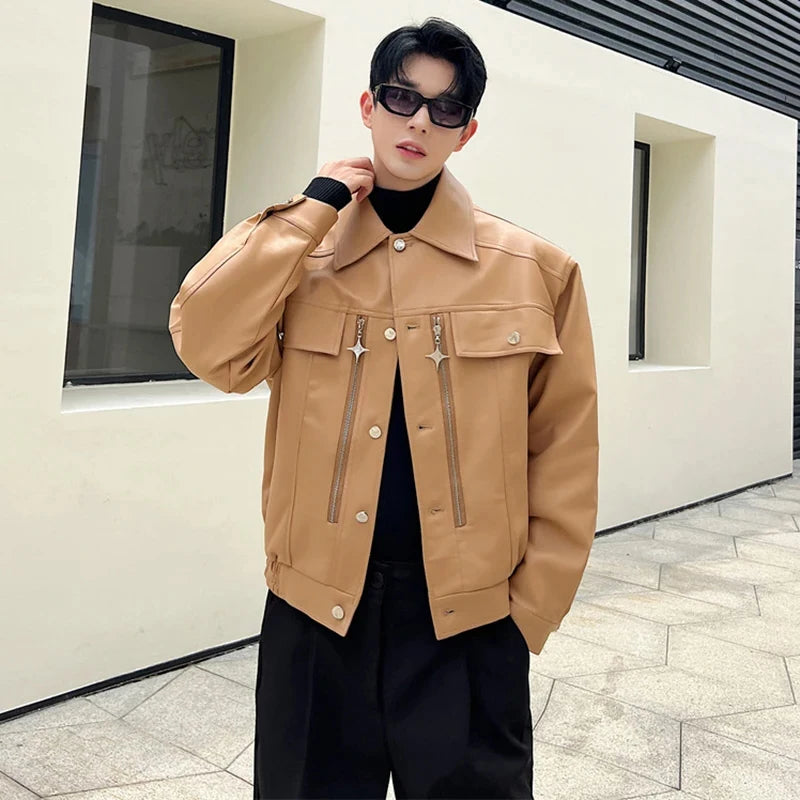 Voguable 2024 Trendy Metal Buckle Decorate Splicing Design Casual Leather Jacket Men's High Street Handsome Stylish PU Coat voguable