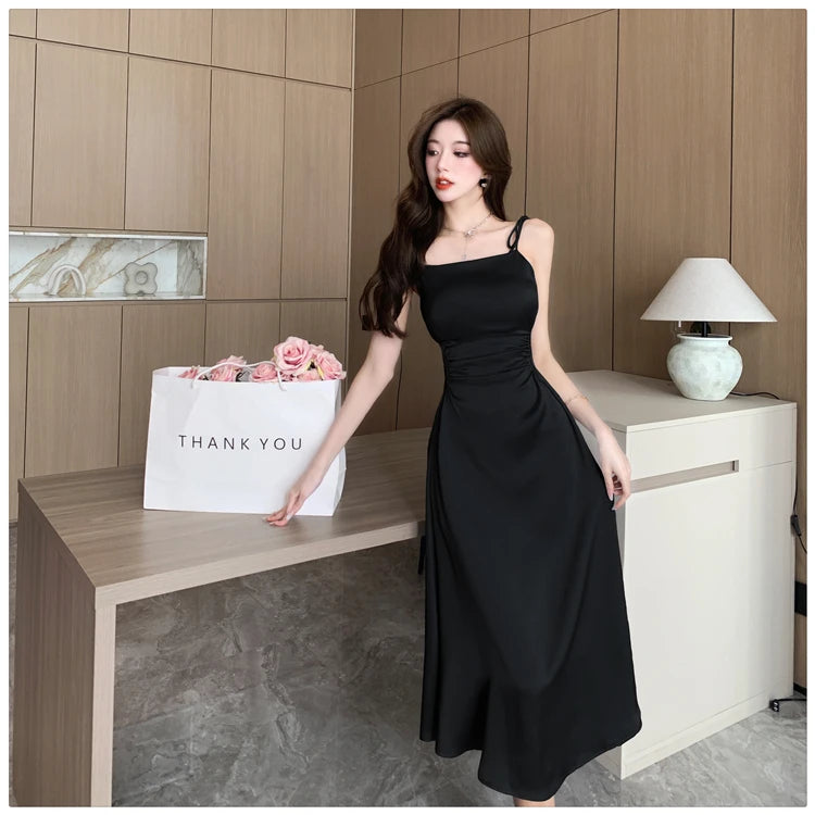 Voguable New Solid Color Sling Dress Women's Summer Korean Elegant Lady Pleated Dress Fashion Beach Sexy Backless A-line Dresses voguable