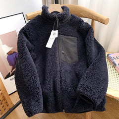 Autumn Winter Lambswool Coat Male Loose Windproof Warm Sherpa Stand Collar Polar Fleece Jacket Unisex Simple  Pocket Spliced Top voguable
