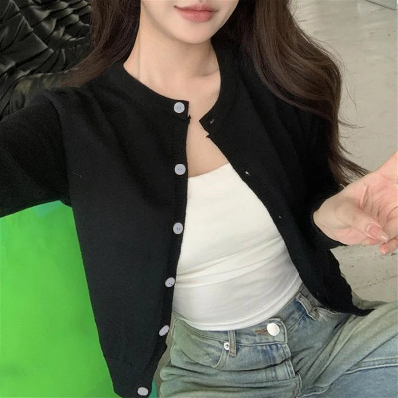 Red Cardigan Knit Early Autumn Women Clothes New Outdoor Crop Sweater Outerwear Long Sleeve Top Bottoming Shirt voguable