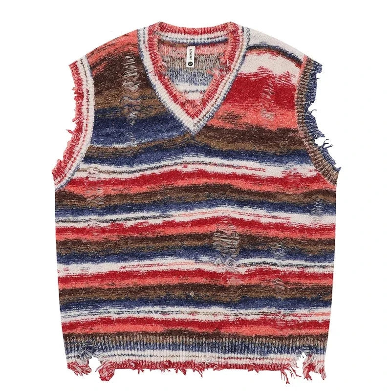 Autumn Men Sleeveless Knitted Jumper Sweaters Hip Hop Ripped Striped Knitwear Vests Streetwear Harajuku Fashion Casual Pullovers voguable