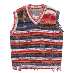 Autumn Men Sleeveless Knitted Jumper Sweaters Hip Hop Ripped Striped Knitwear Vests Streetwear Harajuku Fashion Casual Pullovers voguable