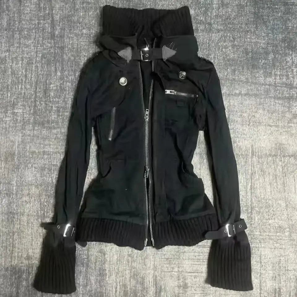 Voguable  Women Y2K Gothic Zip Up Hoodie Red Faux Fur Collar Embroidery Rhinestone Hooded Jacket Grunge Streetwear Casual Sweatshirt voguable