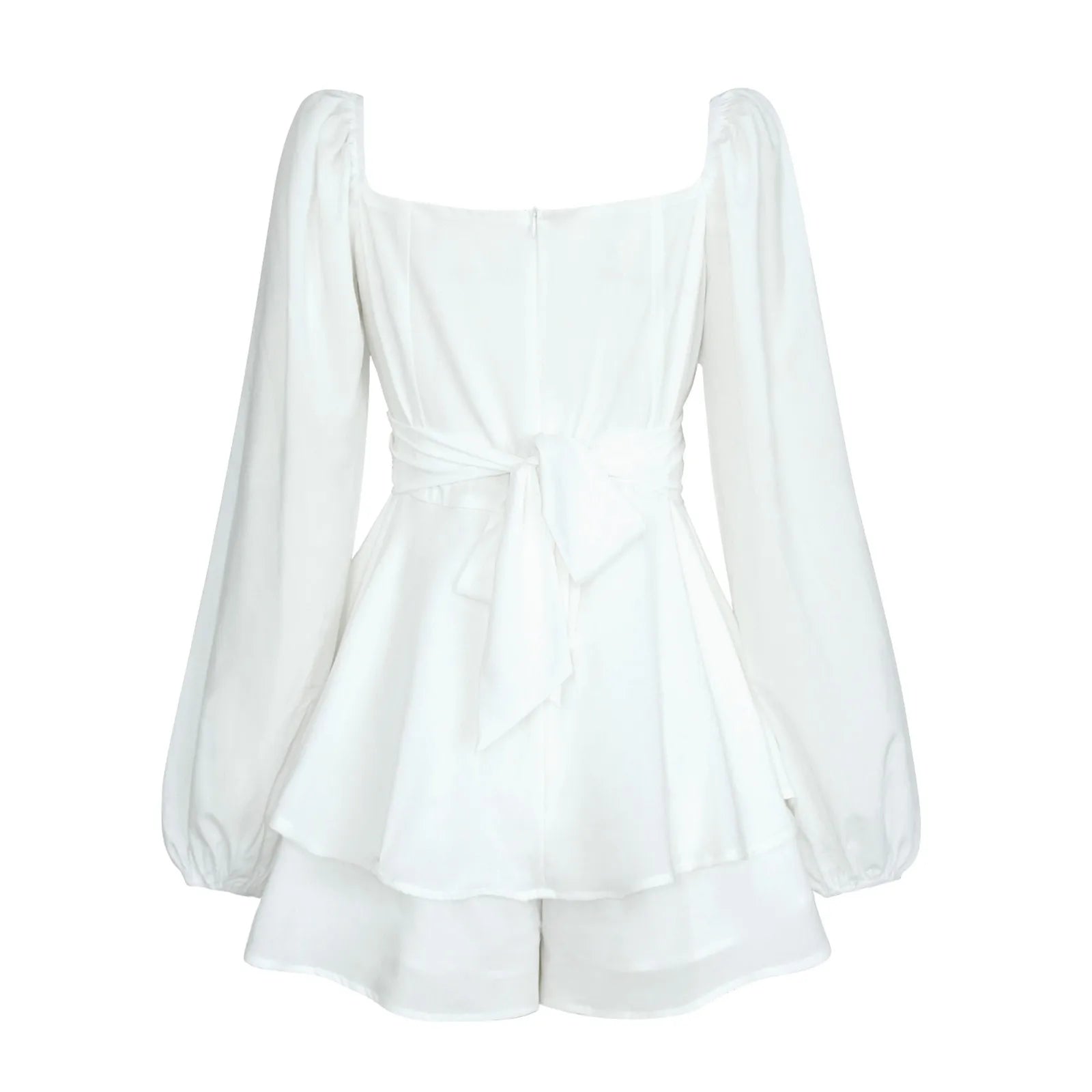 Women's Autumn Ruffled Dresses White Mini Dresses Square Neck Lantern Sleeve Long Sleeve Flounced Edge Casual Dress Female