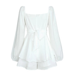 Women's Autumn Ruffled Dresses White Mini Dresses Square Neck Lantern Sleeve Long Sleeve Flounced Edge Casual Dress Female