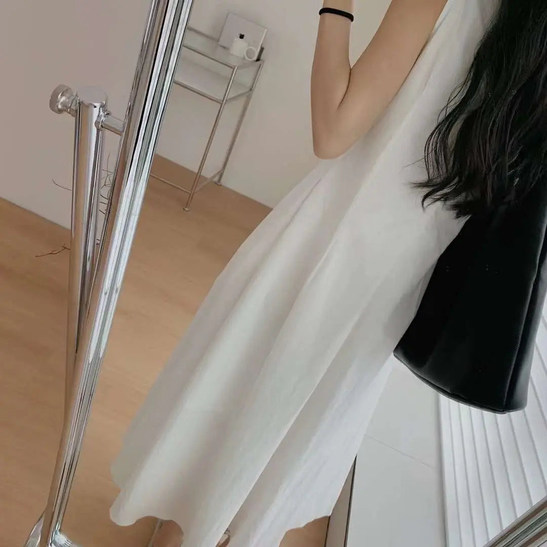 Voguable Women Casual Sleeveless Round Neck Solid Color Dresses 2023 Summer Japan Style Loose Fit High Waist Camisole Elegant Dress voguable