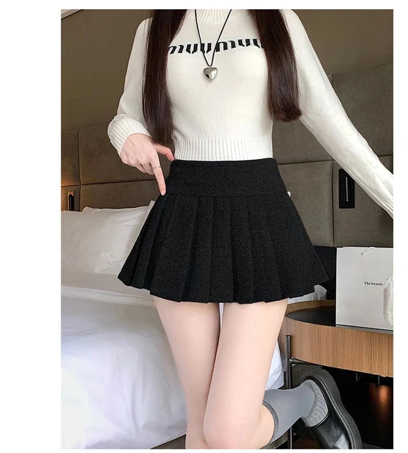 Retro Faux Woolen Pleated Skirt Women Sweet Slim Sexy Mini A Line Skirts Preppy Style High Waist Fall Winter Korean Skirt voguable