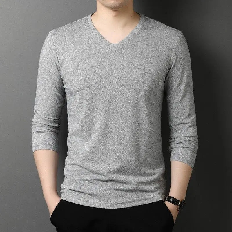 Voguable  Longsved Slimfit Mens Tshirt Casual Wear Base V Neck PU Leather Nine Sleeve Cleanfit Style Citywalk Suitable Tshirt voguable