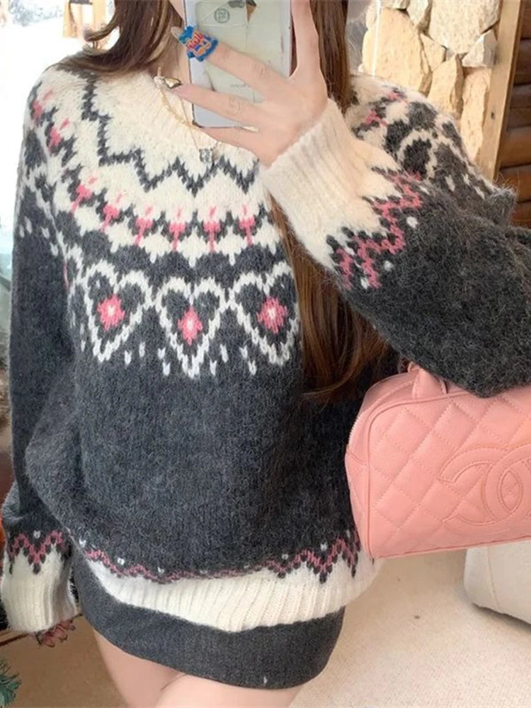 Women Retro Print Christmas Red Sweater O Neck Casual Long Sleeve Sweet Knitted Jumper Vintage Lazy Wind Loose Japan Cute Tops voguable