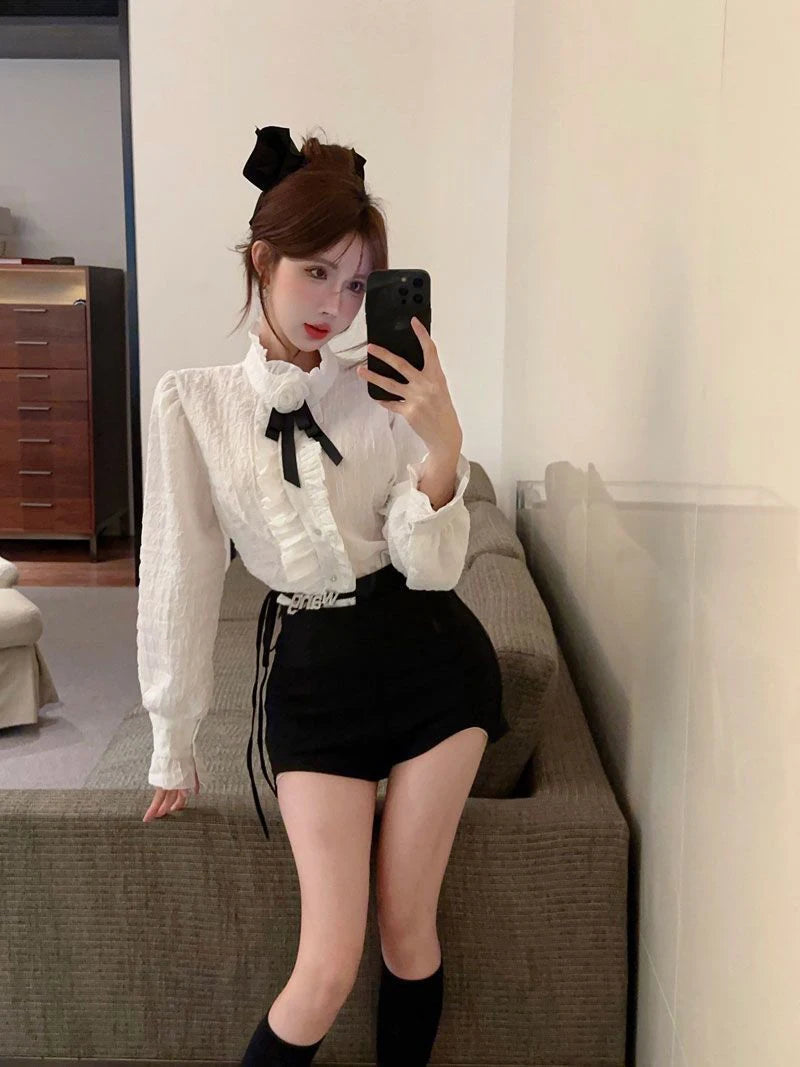 3D Floral Bow Shirt Women Elegant Long Sleeve Retro Korean White Blouse Casual Design Female Vintage Sweet Tops Spring New voguable