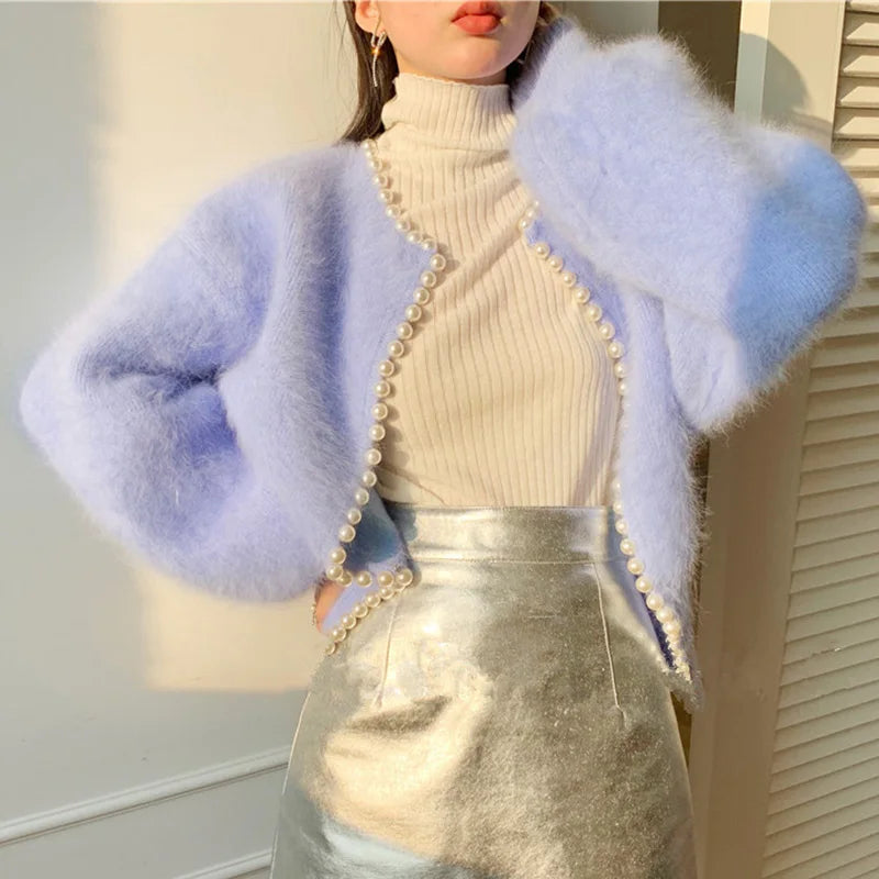 Imitation Mink Soft Women's Cardigan Temperament Pearls Detor Crew Neck Cardigan Woman Autumn Winter Long Sleeve Outwear Lady voguable