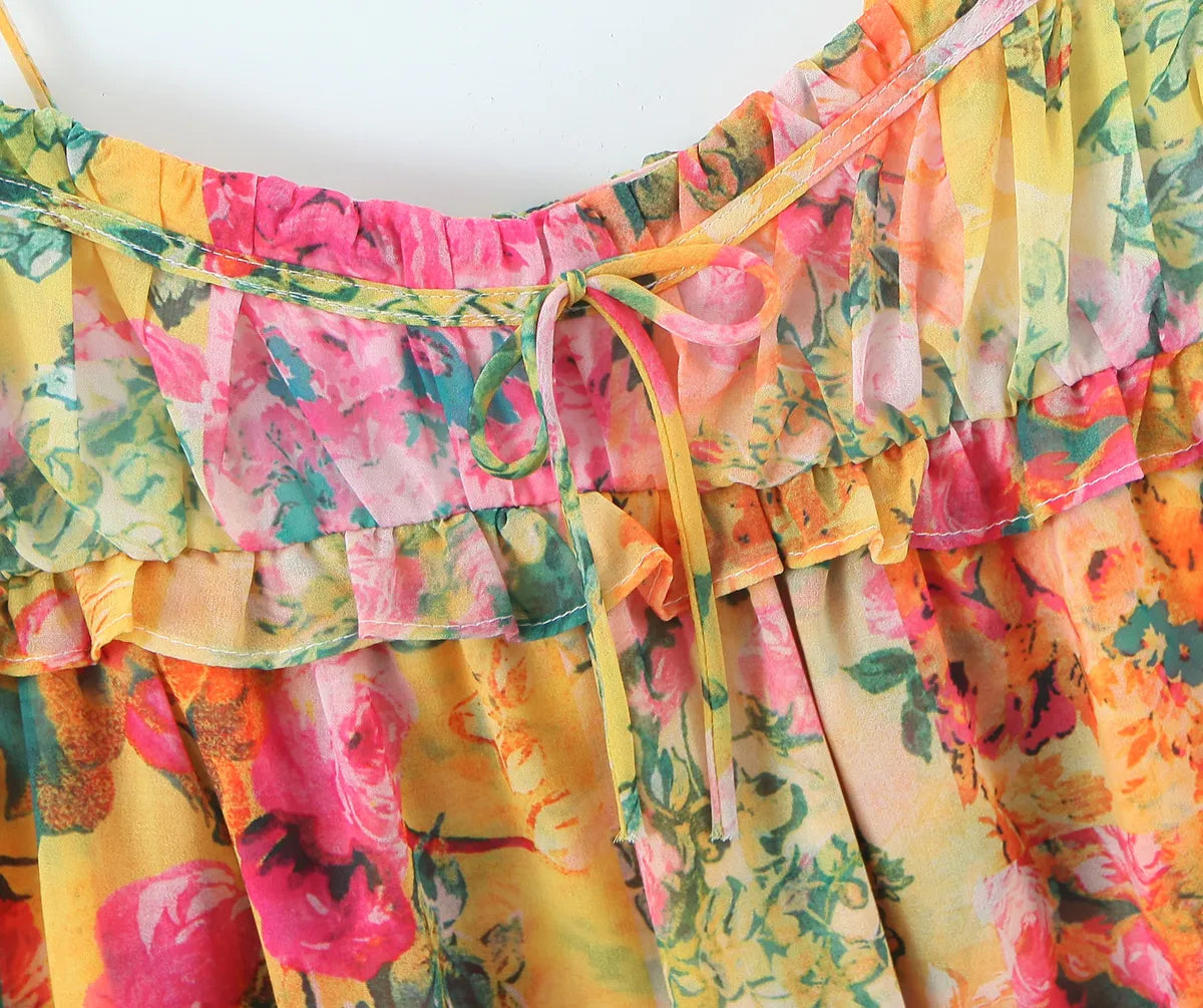 Bow Ruched Bra Corset Style Flower Print Spaghetti Strap Mini Dress Women Backless Skater Lacing up Sling Robe Holiday voguable
