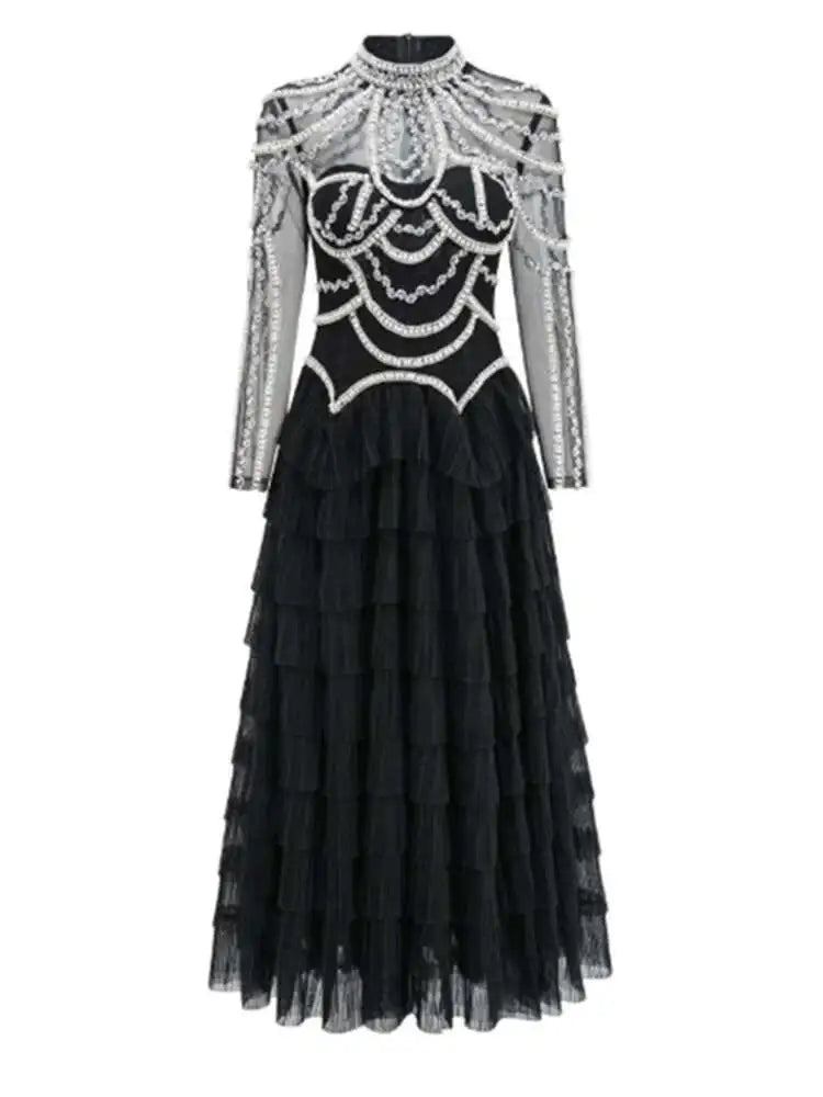 Solid Beaded Design Dresses For Women Round Neck High Waist Long Sleeve Elegant Dress Female Spring 2025 New voguable