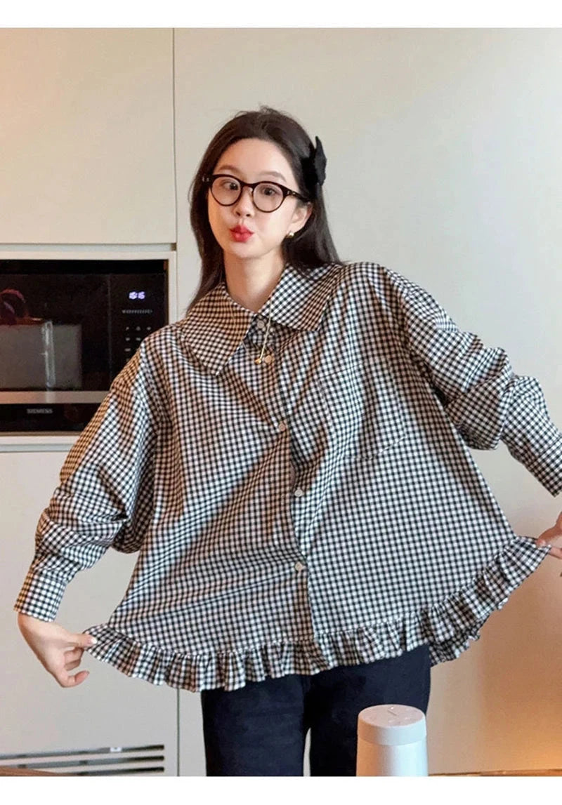 Vintage Black Plaid Shirt Women Loose Sweet Preppy Style Long Sleeve Blouse Fall Casual Retro Cute All Match Female Tops New voguable