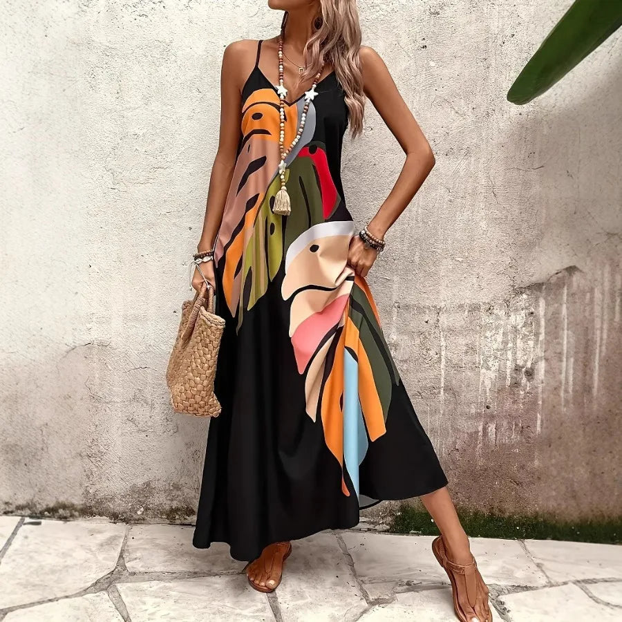 Voguable  summer fashionable vacation comfortable casual print V-neck suspender long dress all-match voguable